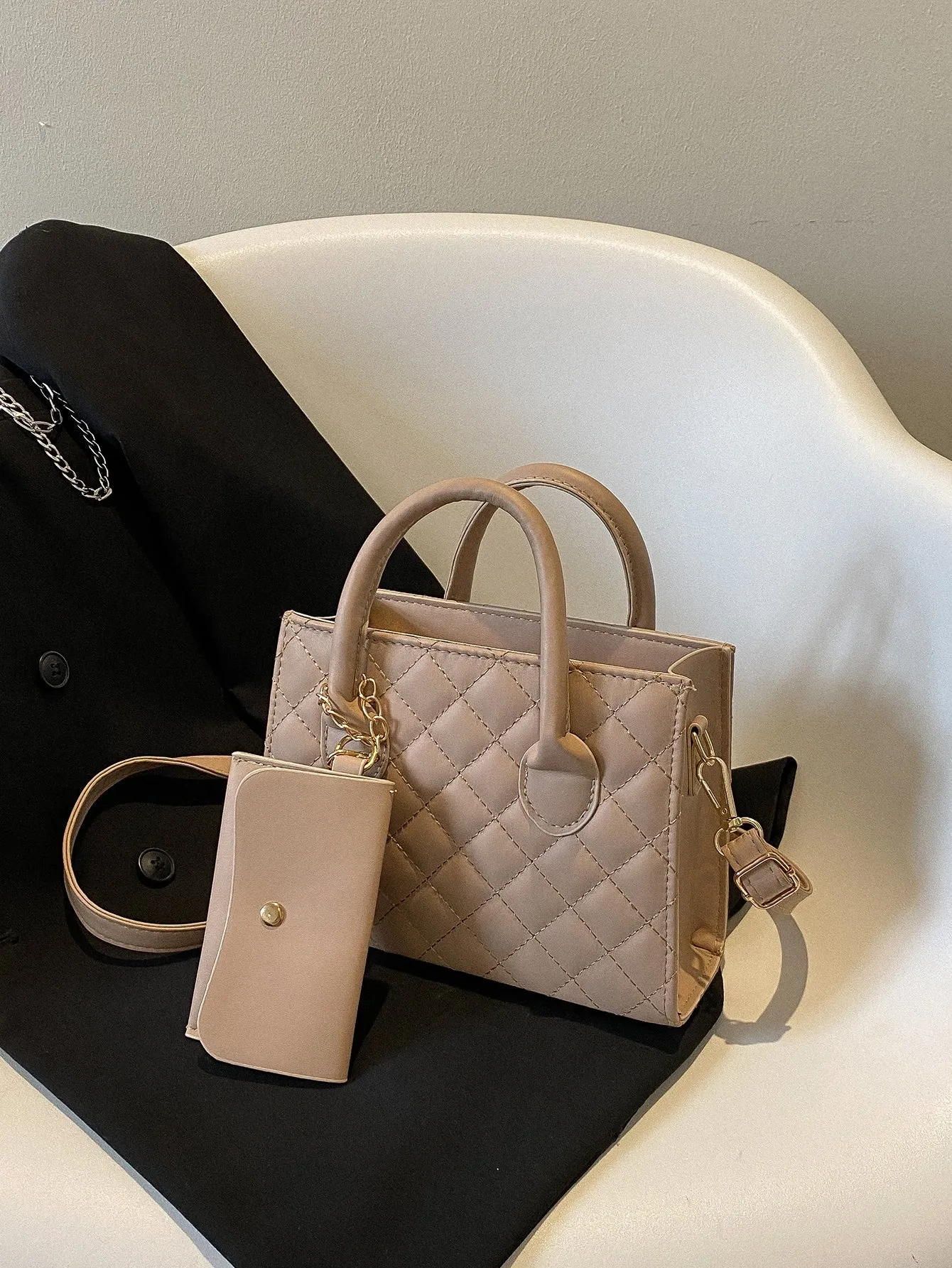 Quilted Double Handle Square Bag With Coin Purse - Khaki- FD ⚡