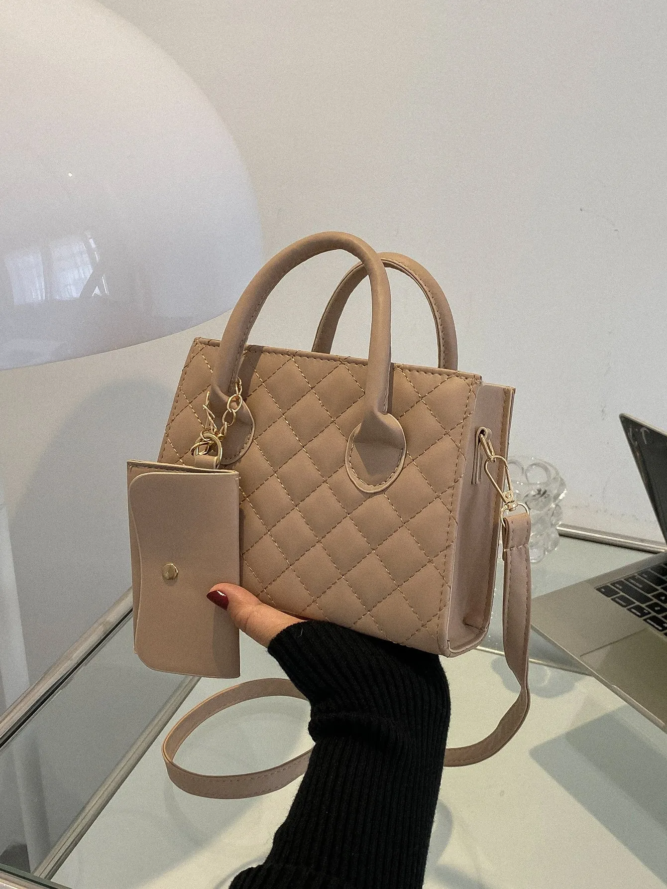 Quilted Double Handle Square Bag With Coin Purse - Khaki- FD ⚡