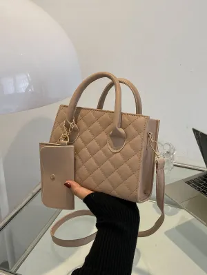 Quilted Double Handle Square Bag With Coin Purse - Khaki- FD ⚡