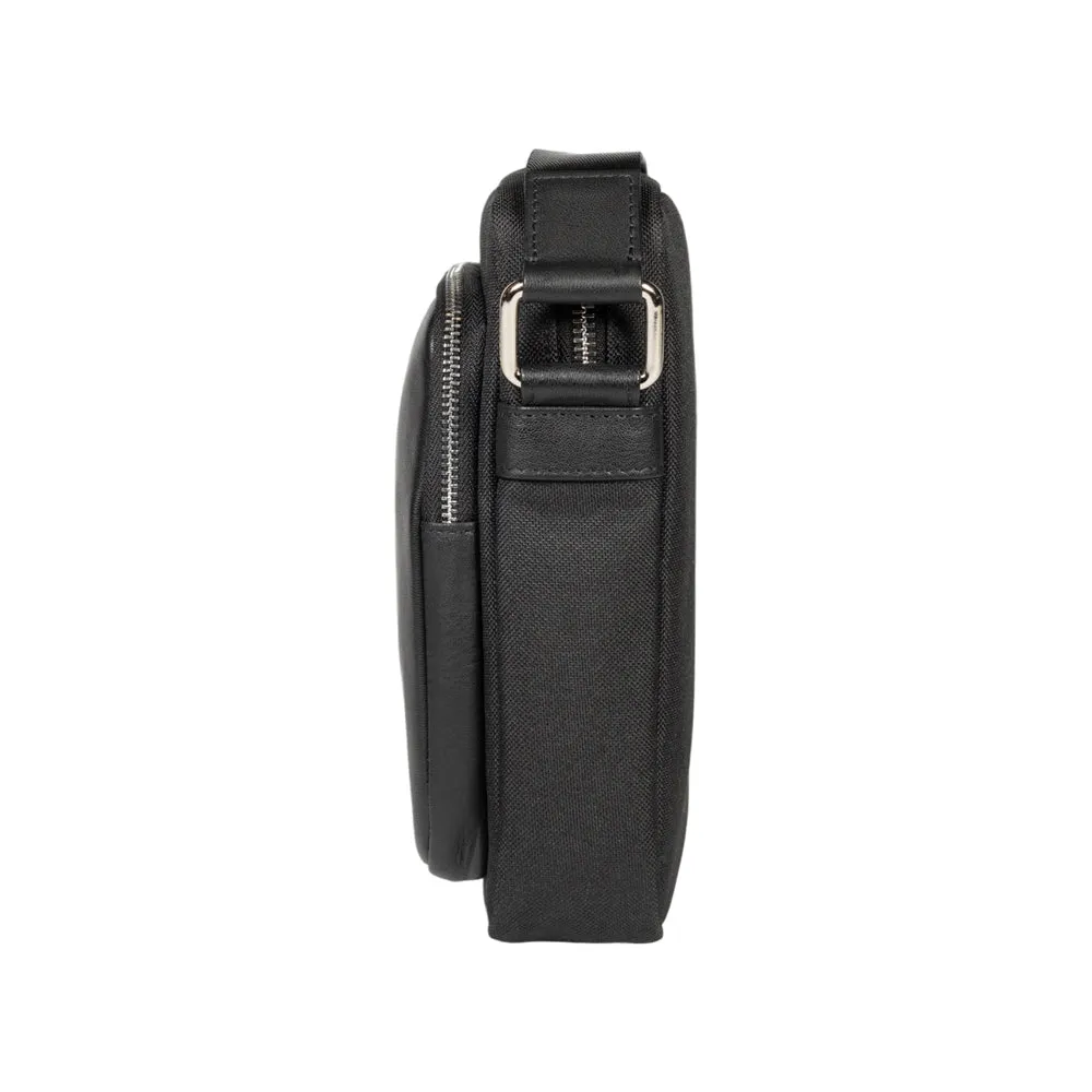 RB2002A | Nylon/Genuine Leather Shoulder Bag, with light grain. Zip closure and adjustable shoulder strap - Color Black - Dimensions: cm 15.5 x 21 x 7. Packaging: Non-woven fabric bag