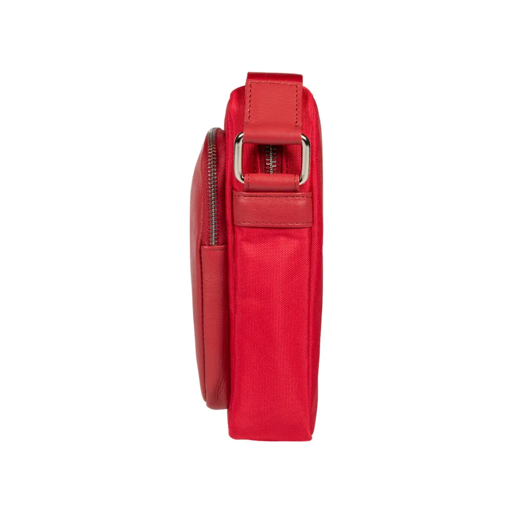 RB2002V | Nylon/Genuine Leather Shoulder Bag, with light grain. Zip closure and adjustable shoulder strap - Color Red - Dimensions: cm 15.5 x 21 x 7. Packaging: Non-woven fabric bag