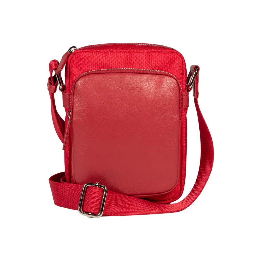 RB2002V | Nylon/Genuine Leather Shoulder Bag, with light grain. Zip closure and adjustable shoulder strap - Color Red - Dimensions: cm 15.5 x 21 x 7. Packaging: Non-woven fabric bag