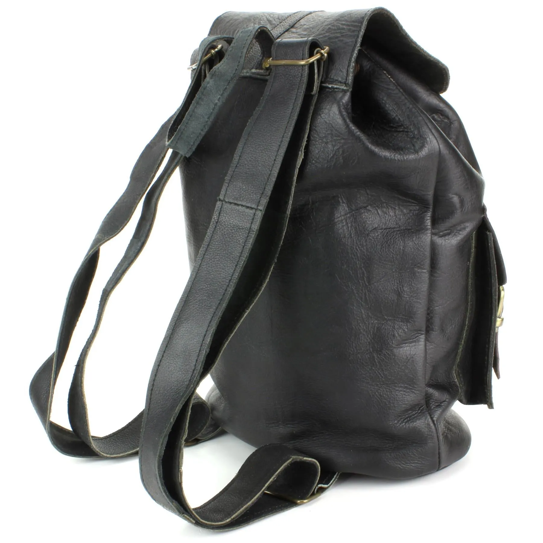 Real Leather Backpack with Two Front Pockets - Black