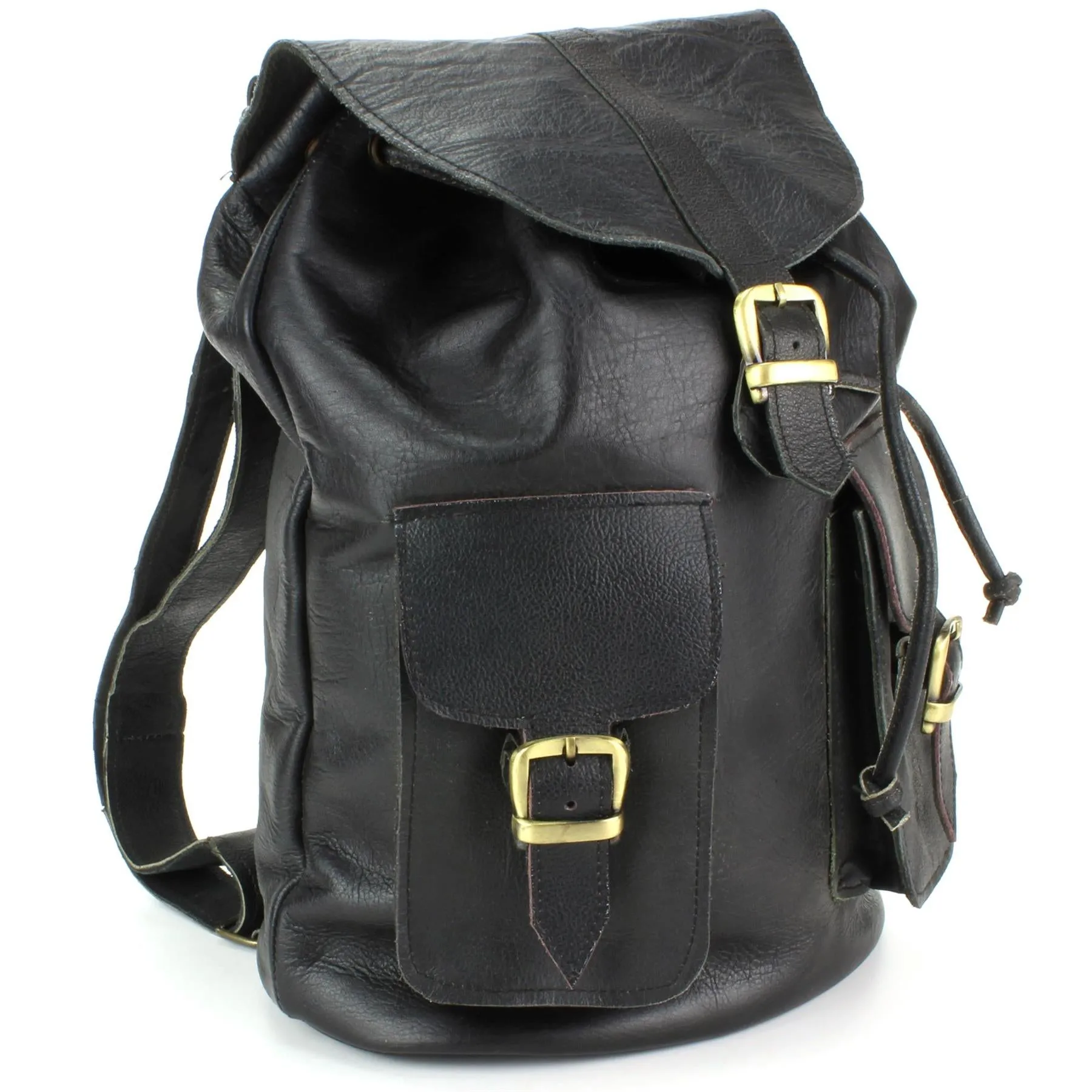 Real Leather Backpack with Two Front Pockets - Black