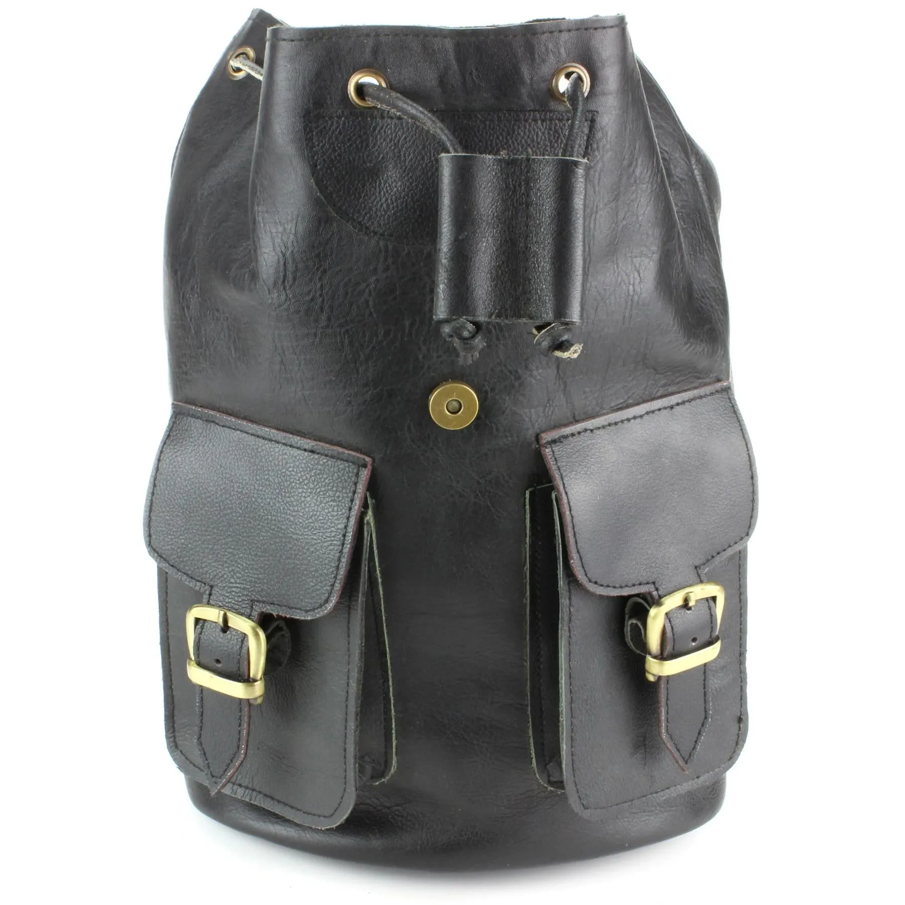 Real Leather Backpack with Two Front Pockets - Black