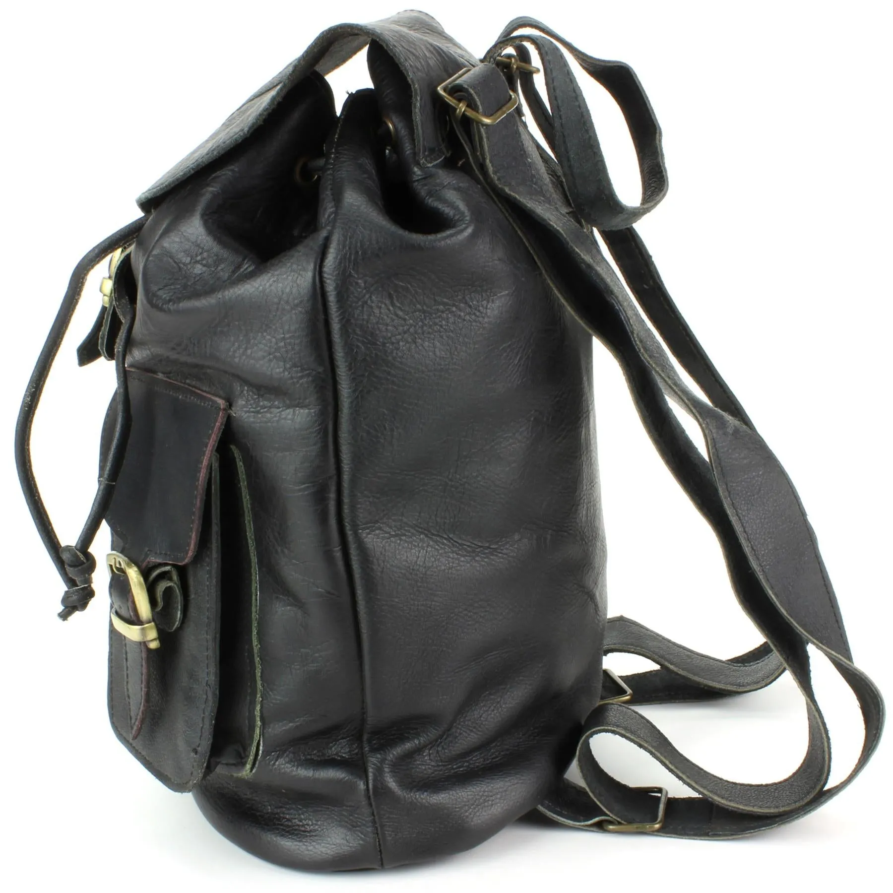 Real Leather Backpack with Two Front Pockets - Black