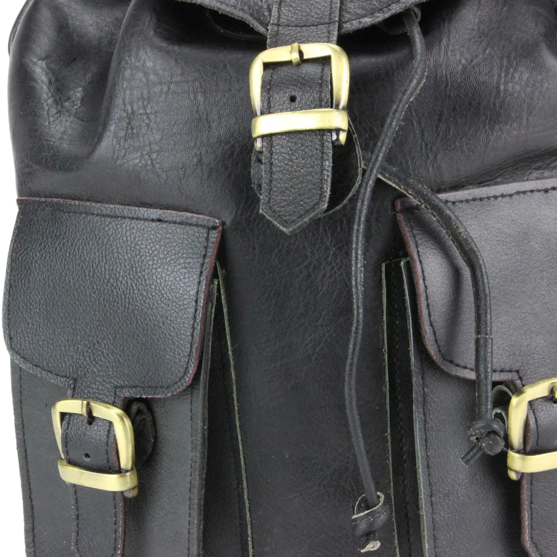 Real Leather Backpack with Two Front Pockets - Black