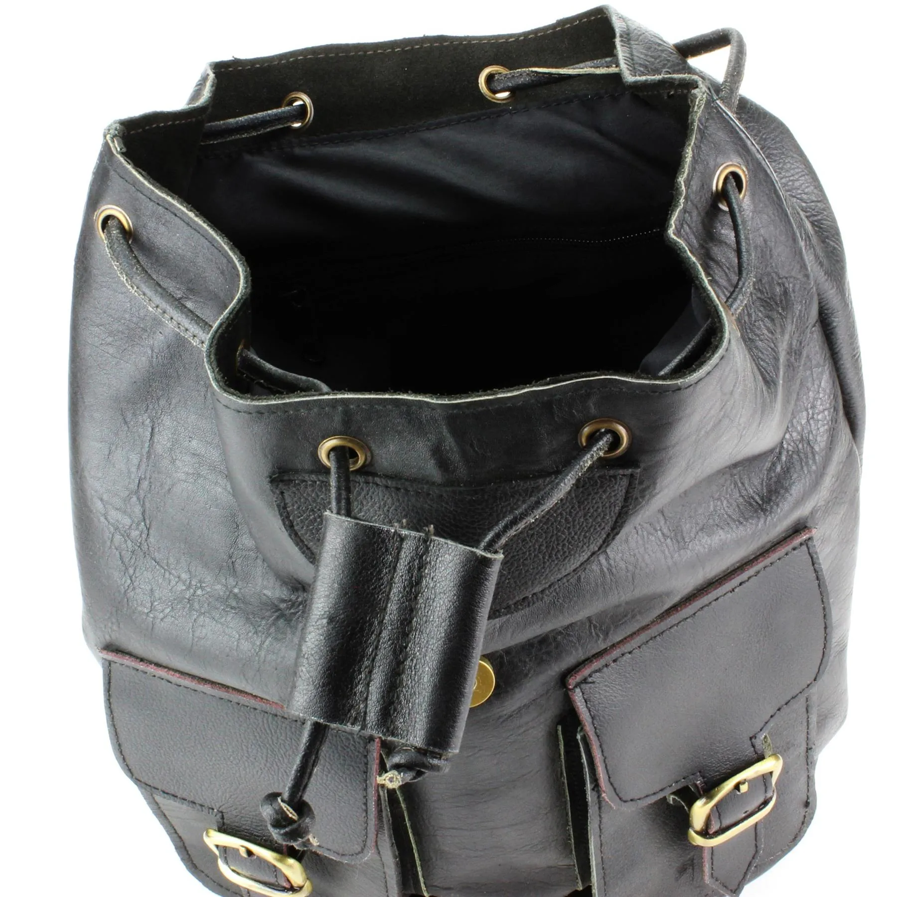 Real Leather Backpack with Two Front Pockets - Black