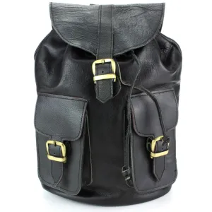 Real Leather Backpack with Two Front Pockets - Black