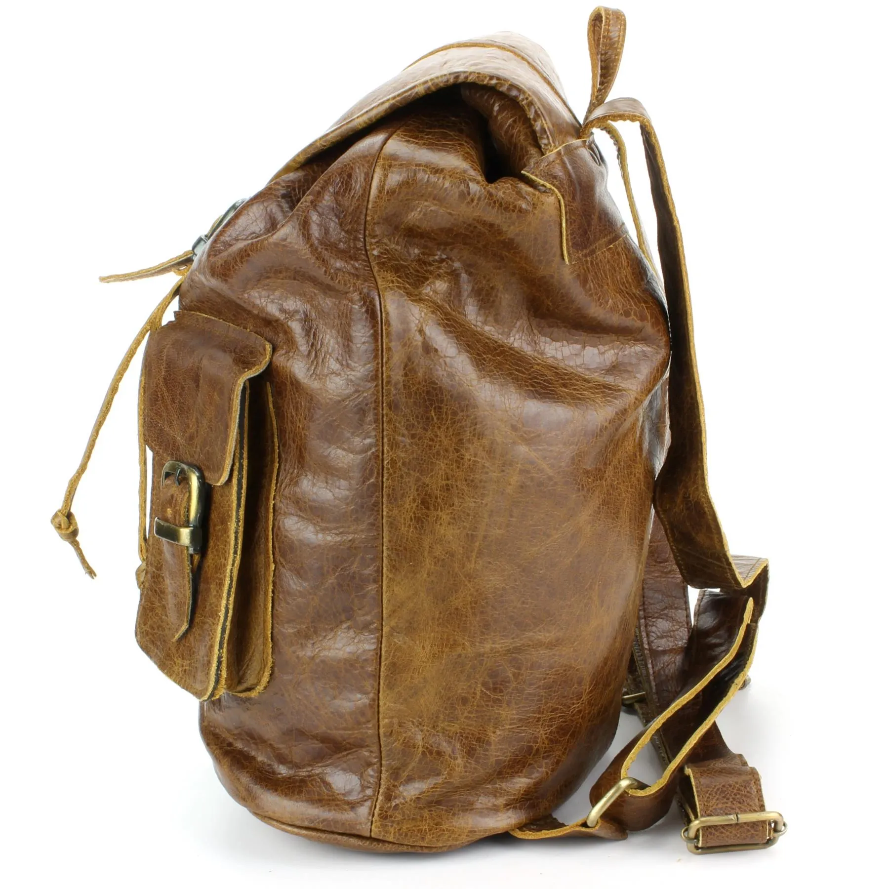 Real Leather Backpack with Two Front Pockets - Brown