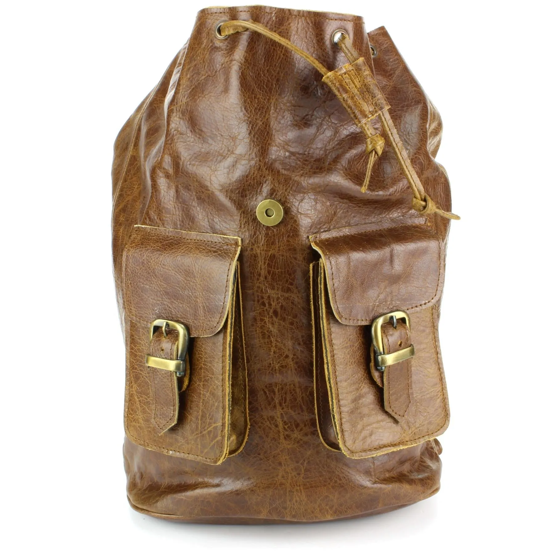 Real Leather Backpack with Two Front Pockets - Brown