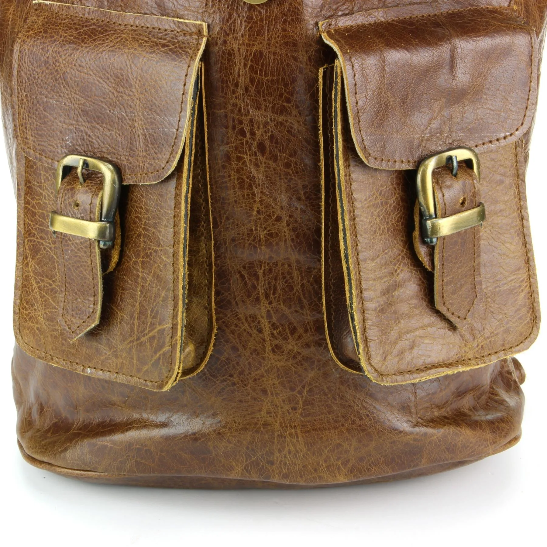 Real Leather Backpack with Two Front Pockets - Brown