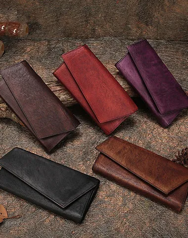 Red Womens Vintage Leather Trifold Long Wallet Geometry Clutch Long Wallet for Ladies