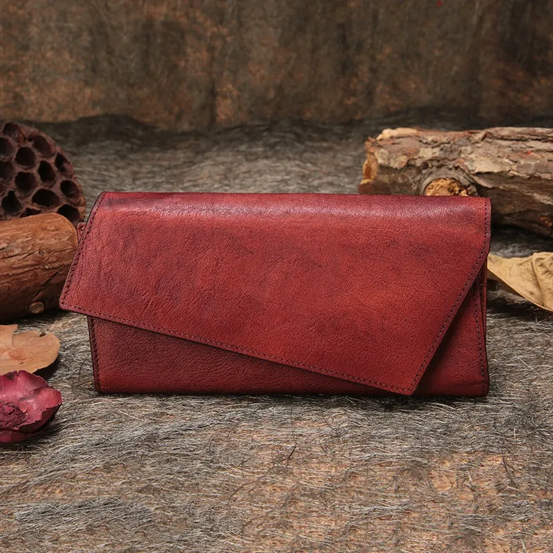 Red Womens Vintage Leather Trifold Long Wallet Geometry Clutch Long Wallet for Ladies