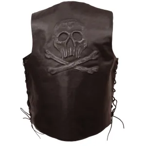 Retro Brown ELM3915 Men's Side Lace Leather Vest w/ Skull & Cross Bones