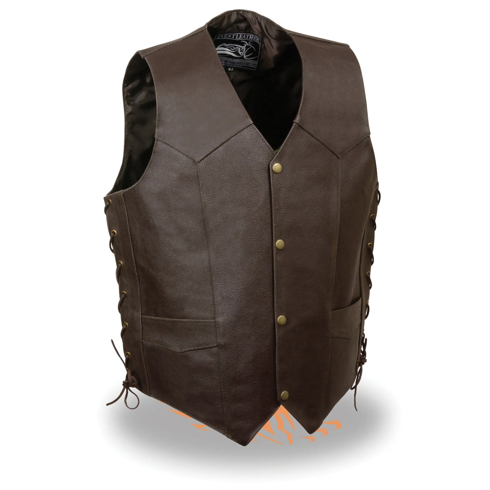 Retro Brown ELM3915 Men's Side Lace Leather Vest w/ Skull & Cross Bones