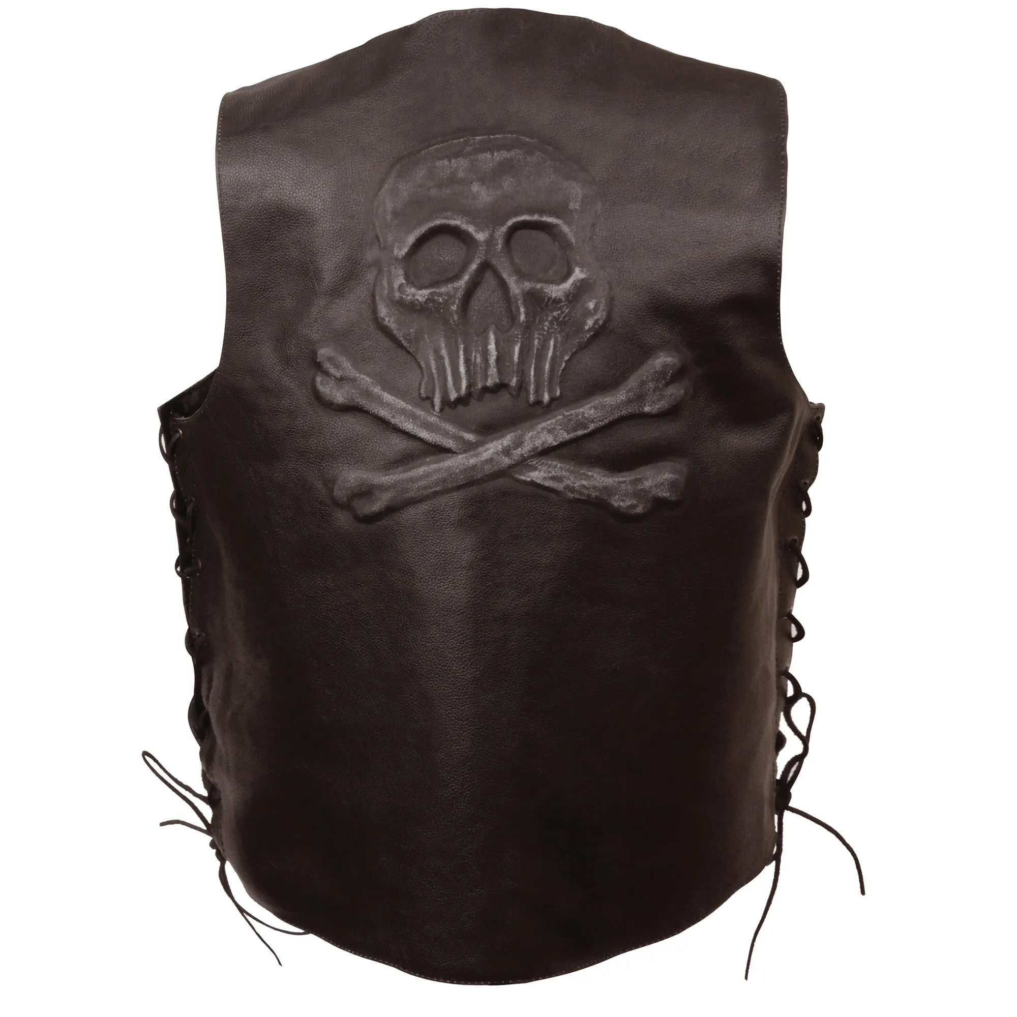 Retro Brown ELM3915 Men's Side Lace Leather Vest w/ Skull & Cross Bones