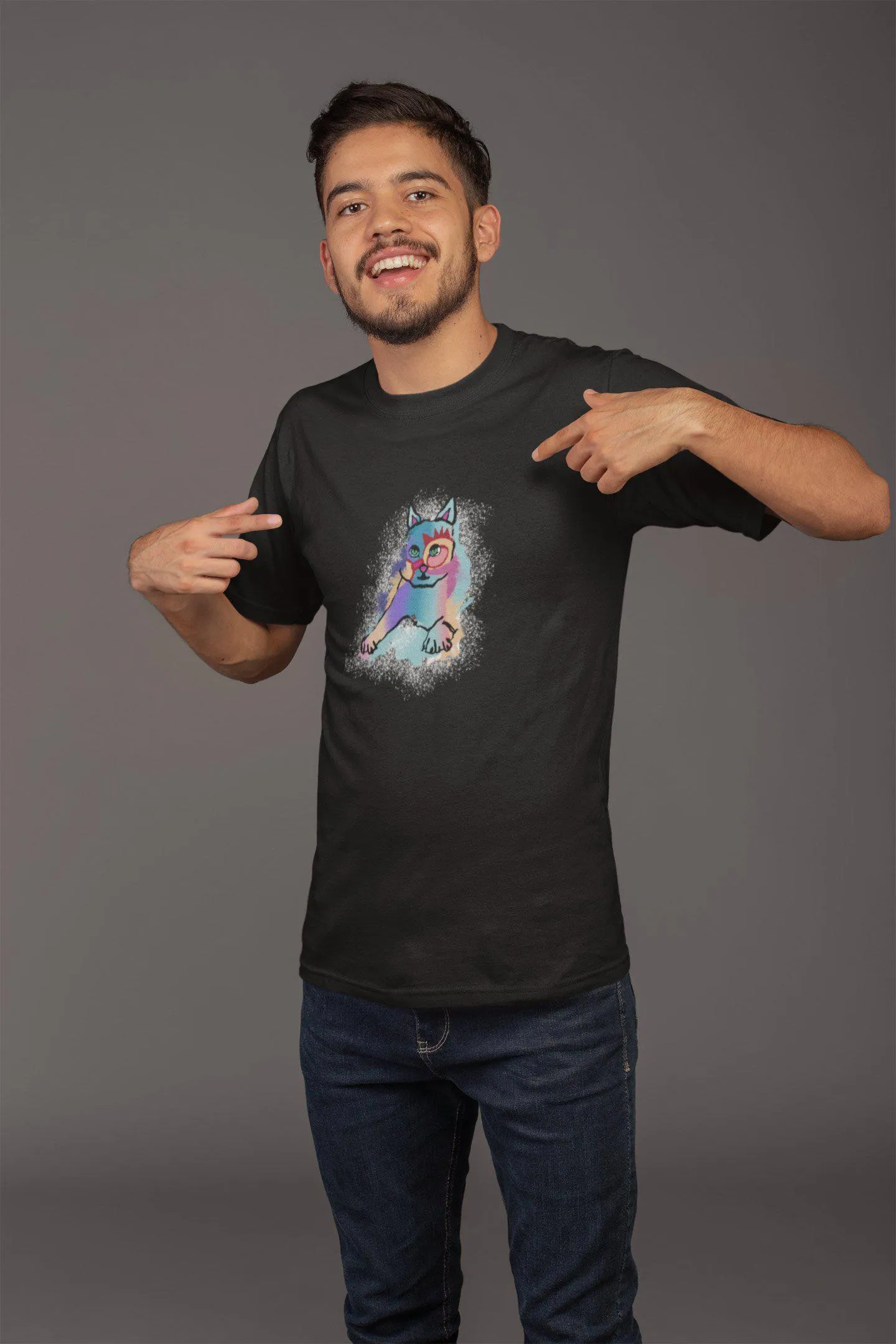 Round Neck T-Shirt (Men) - Russian Blue Sparkle Cat (11 Colours)