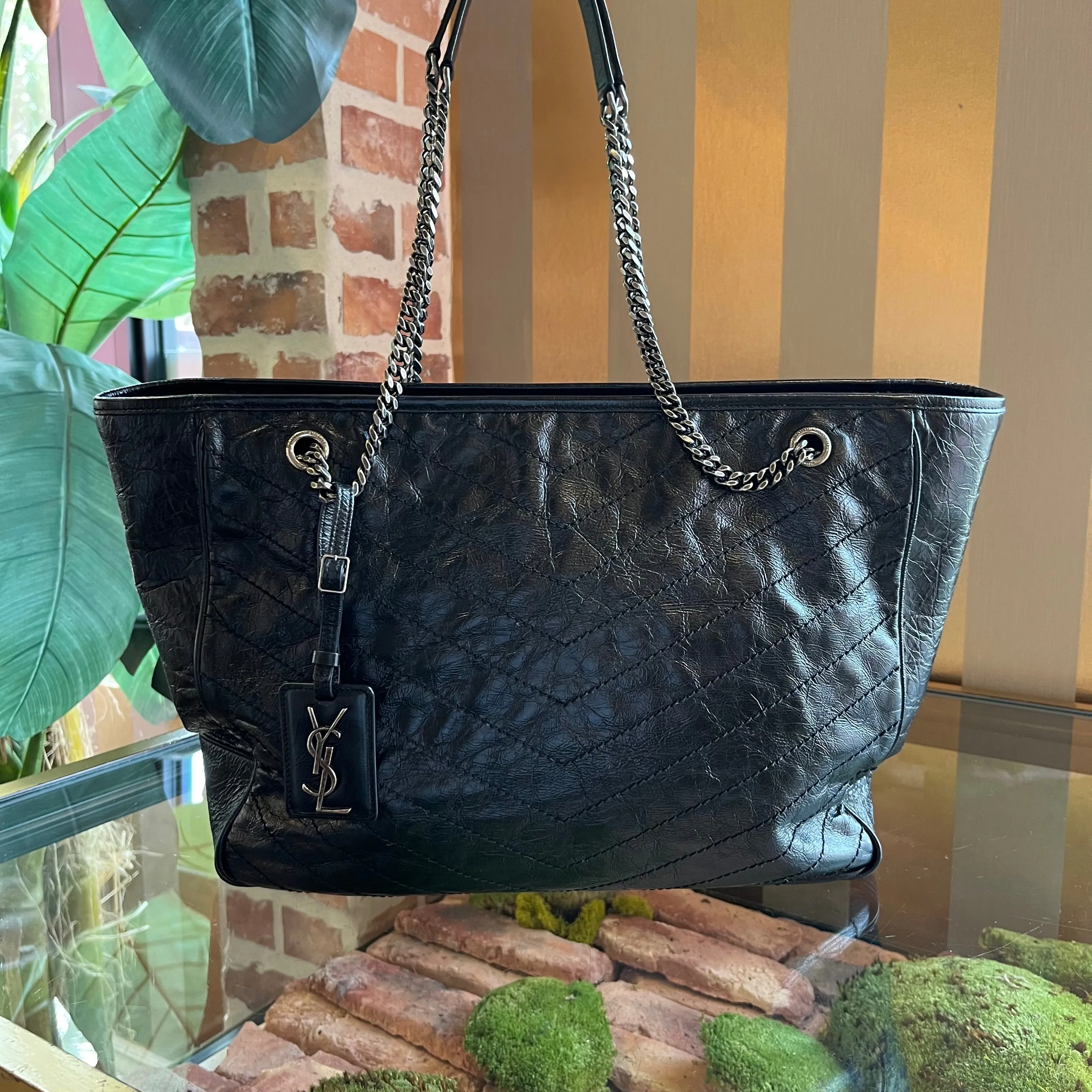SAINT LAURENT Niki Monogram PM Black Crinkled Calfskin Matelasse Tote