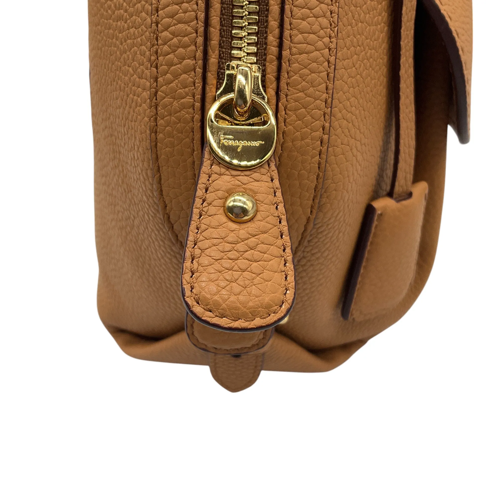 Salvatore Ferragamo Tan Fiamma Pebbled Leather Shoulder Bag