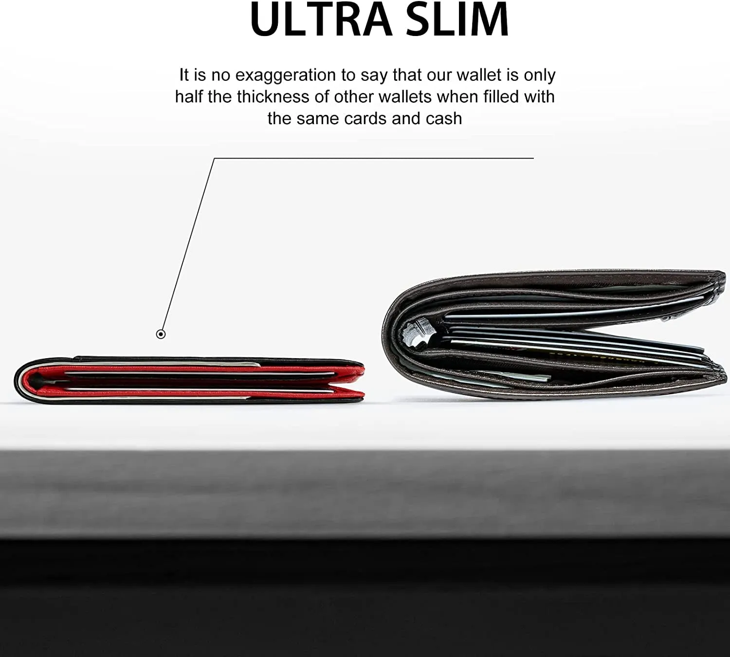 Slim Genuine Leather Bifold Wallet For Men-Carbon Black and Red