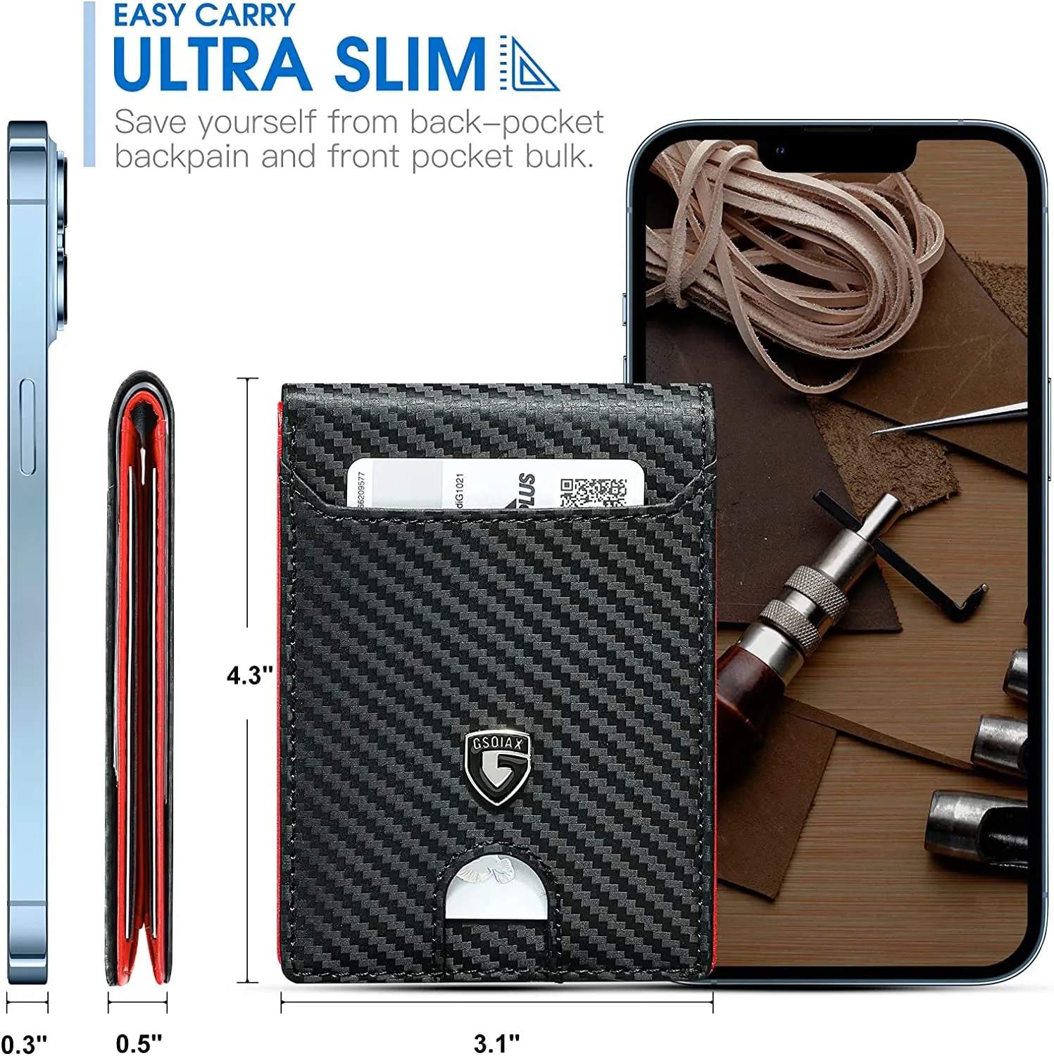 Slim Genuine Leather Bifold Wallet For Men-Carbon Black and Red
