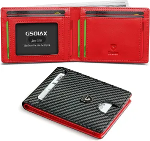 Slim Genuine Leather Bifold Wallet For Men-Carbon Black and Red
