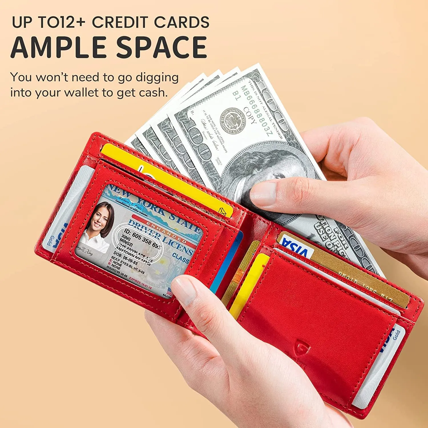 Slim Genuine Leather Bifold Wallet For Men-Carbon Black and Red