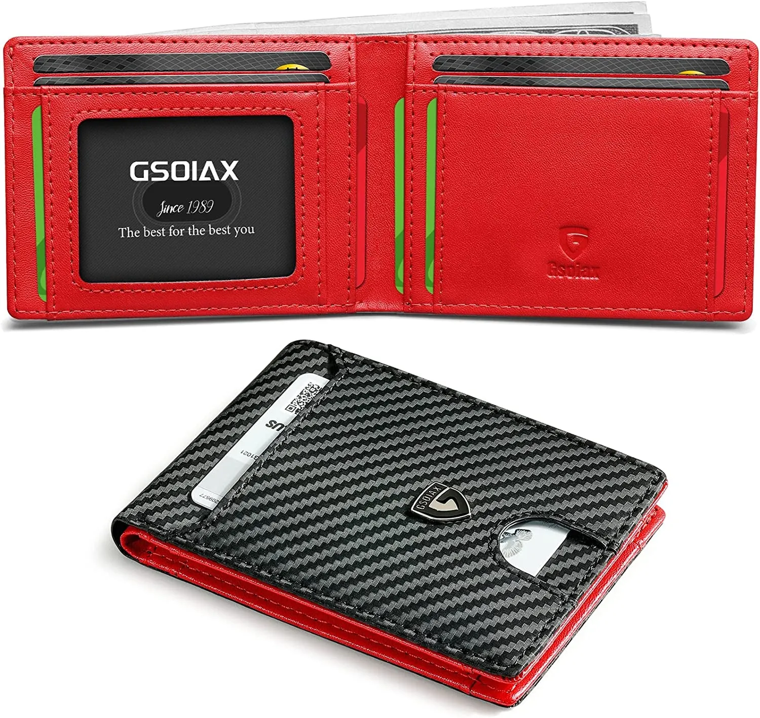 Slim Genuine Leather Bifold Wallet For Men-Carbon Black and Red