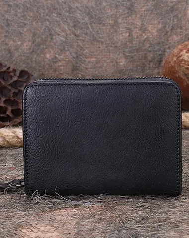Small Red Leather Bifold Wallet Vintage Billfold Cute Women Zip Wallet For Ladies