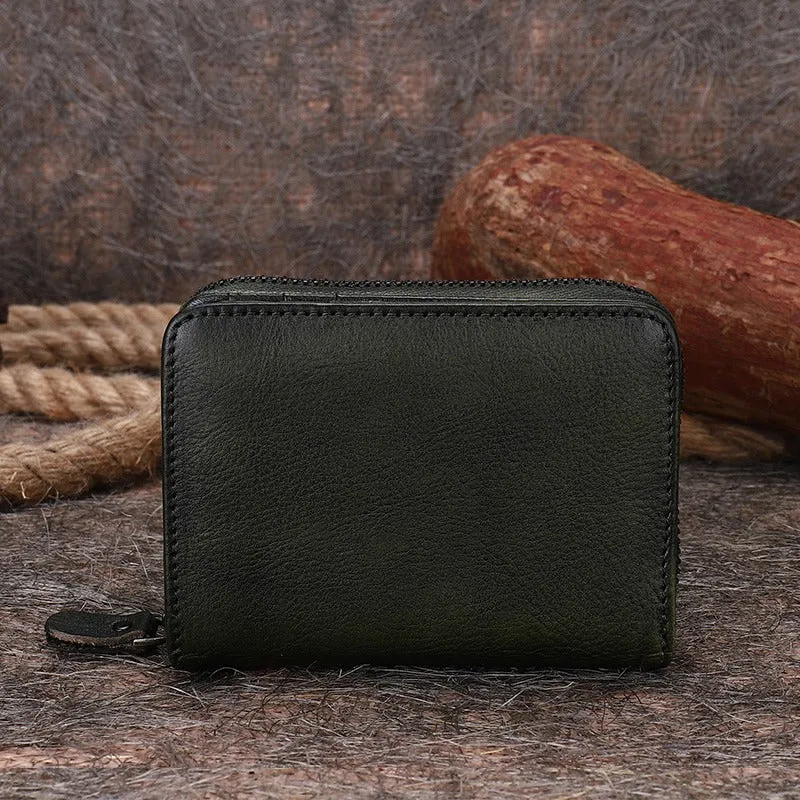 Small Red Leather Bifold Wallet Vintage Billfold Cute Women Zip Wallet For Ladies