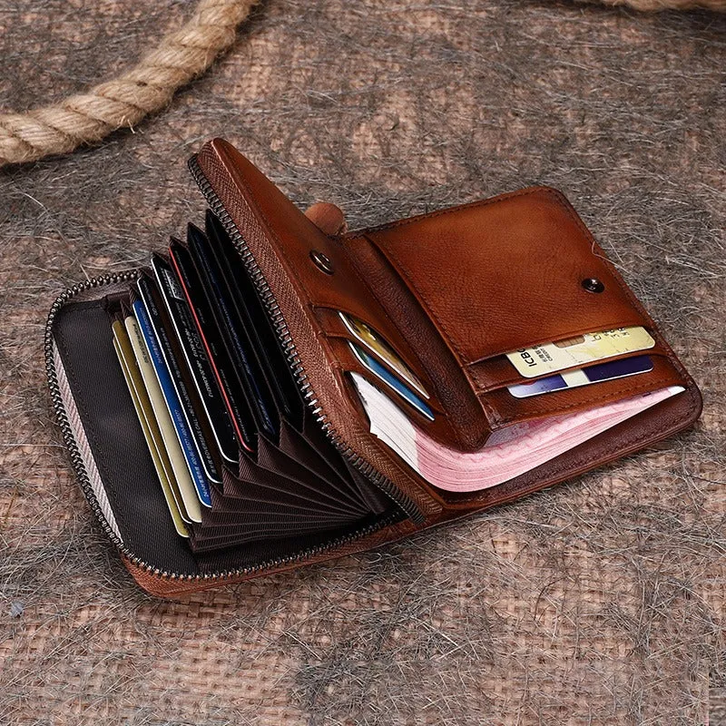 Small Red Leather Bifold Wallet Vintage Billfold Cute Women Zip Wallet For Ladies