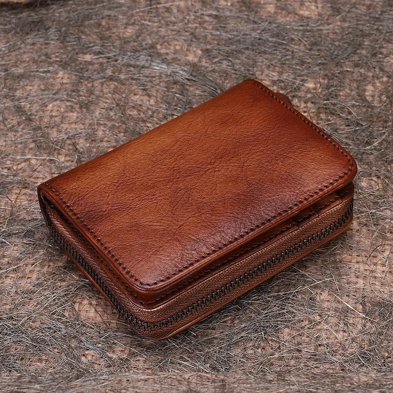 Small Red Leather Bifold Wallet Vintage Billfold Cute Women Zip Wallet For Ladies