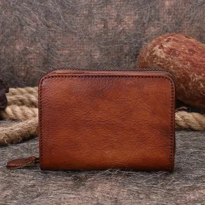 Small Red Leather Bifold Wallet Vintage Billfold Cute Women Zip Wallet For Ladies