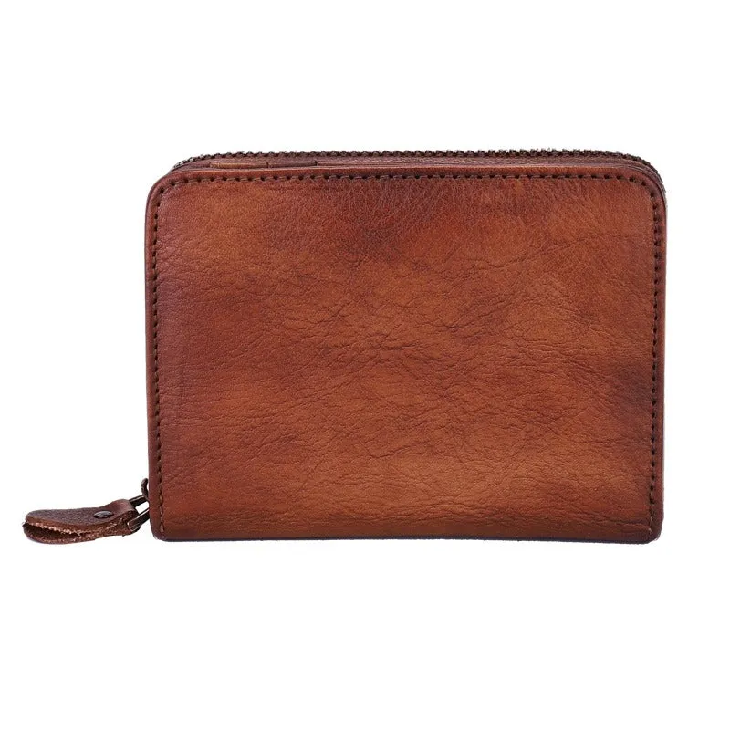 Small Red Leather Bifold Wallet Vintage Billfold Cute Women Zip Wallet For Ladies