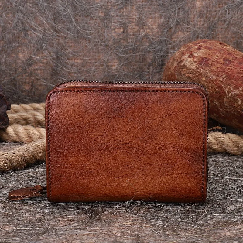 Small Red Leather Bifold Wallet Vintage Billfold Cute Women Zip Wallet For Ladies