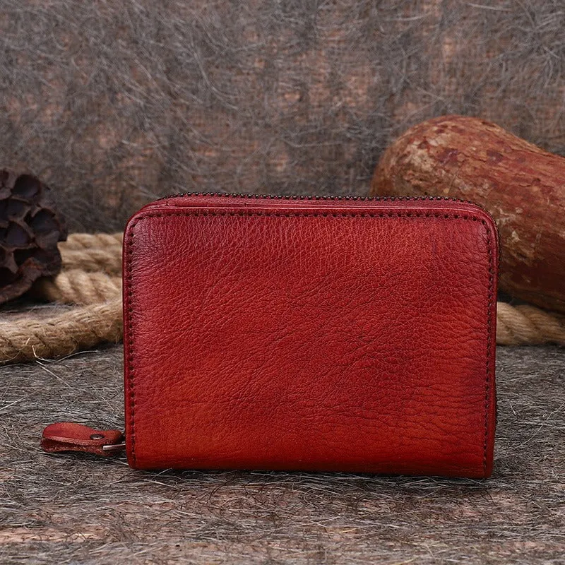 Small Red Leather Bifold Wallet Vintage Billfold Cute Women Zip Wallet For Ladies