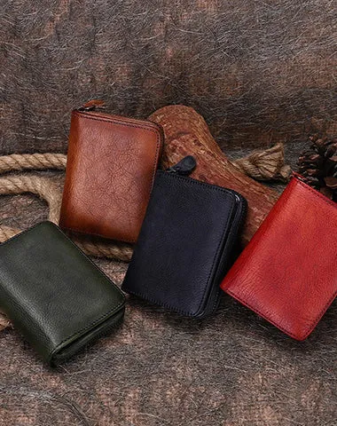 Small Red Leather Bifold Wallet Vintage Billfold Cute Women Zip Wallet For Ladies