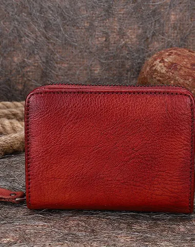 Small Red Leather Bifold Wallet Vintage Billfold Cute Women Zip Wallet For Ladies