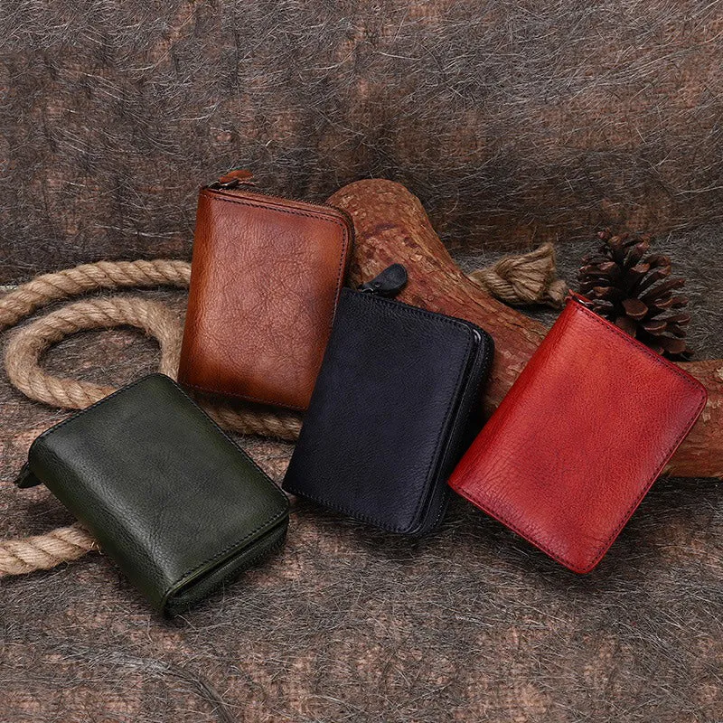Small Red Leather Bifold Wallet Vintage Billfold Cute Women Zip Wallet For Ladies