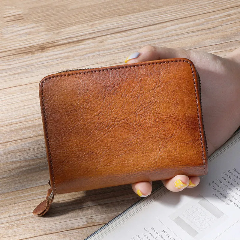 Small Red Leather Bifold Wallet Vintage Billfold Cute Women Zip Wallet For Ladies