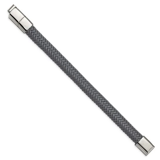 Stainless Steel Polished Gray Braided Leather Men's Bracelet