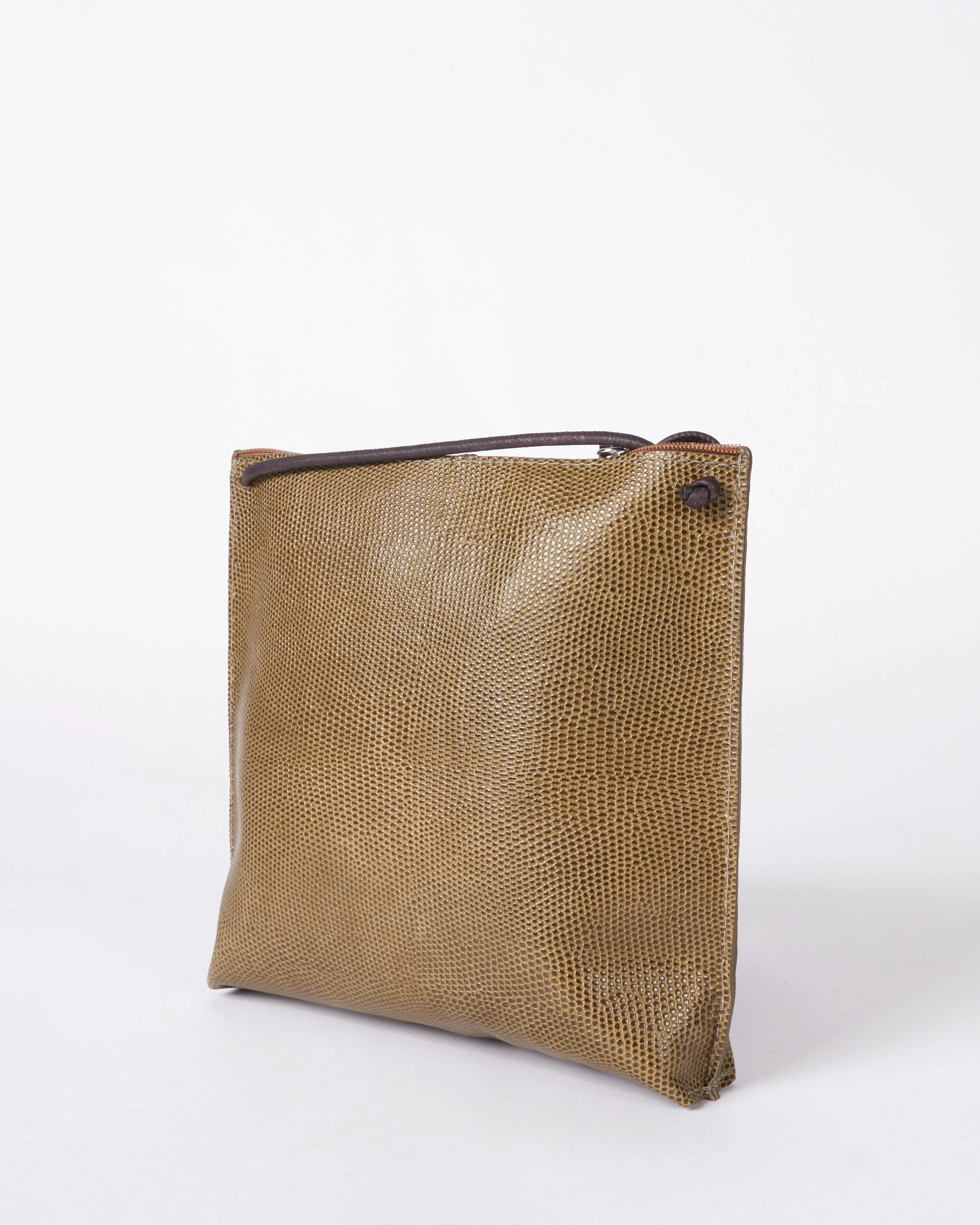 strappy pouch - olive embossed lizard