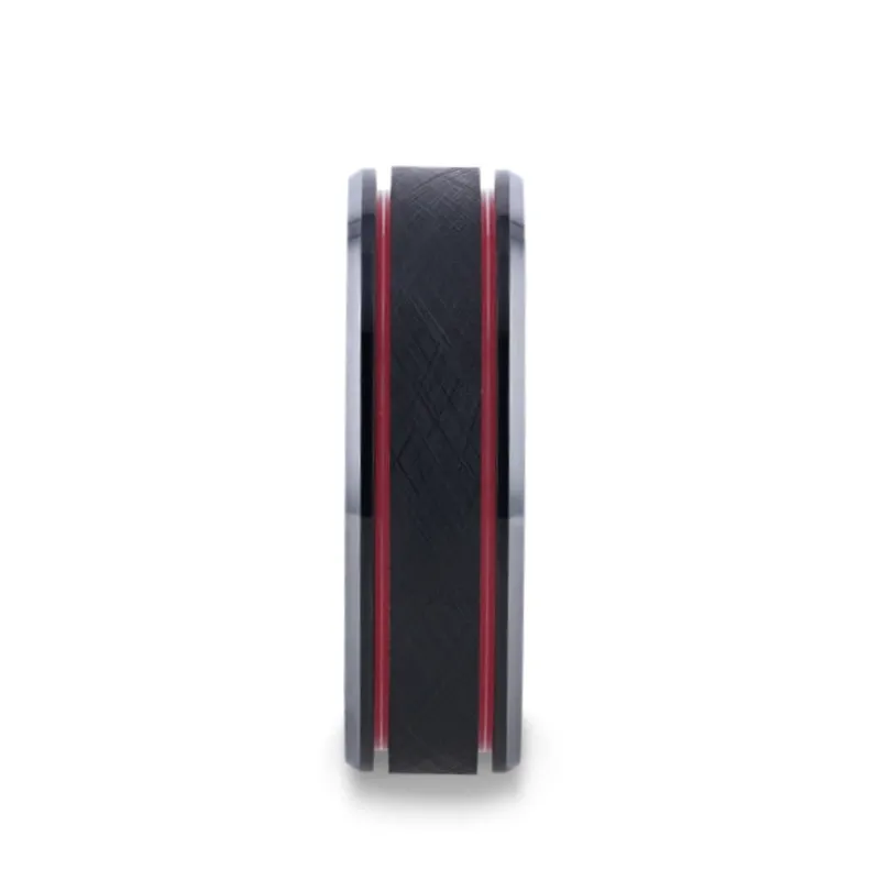 Thorsten OLIS Wire Finish Centered Black Tungsten Men's Wedding Band With Double Red Stripe Polished Beveled Edges