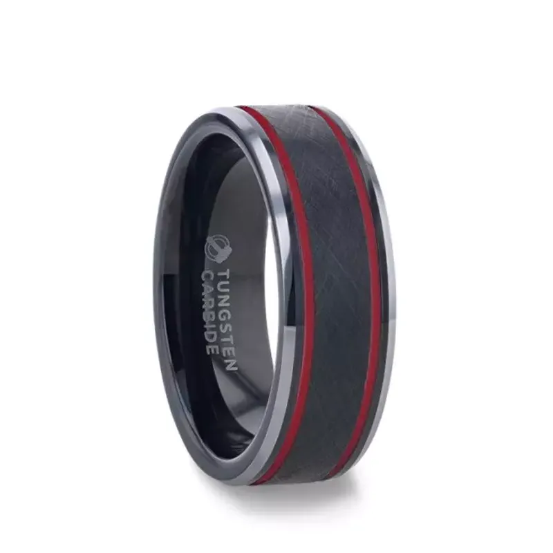 Thorsten OLIS Wire Finish Centered Black Tungsten Men's Wedding Band With Double Red Stripe Polished Beveled Edges