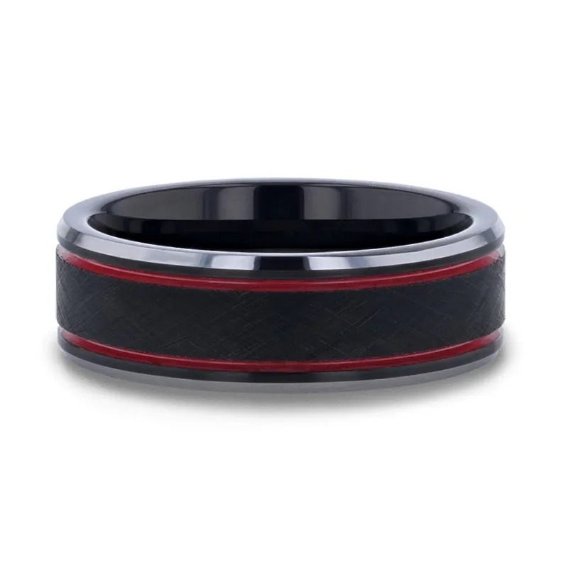 Thorsten OLIS Wire Finish Centered Black Tungsten Men's Wedding Band With Double Red Stripe Polished Beveled Edges