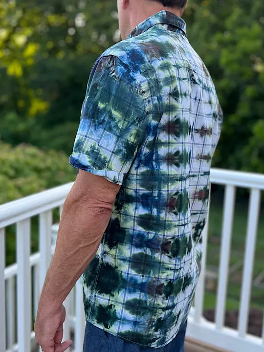 Tie Dye Short Sleeve Men's Shirt  Green Grids - L