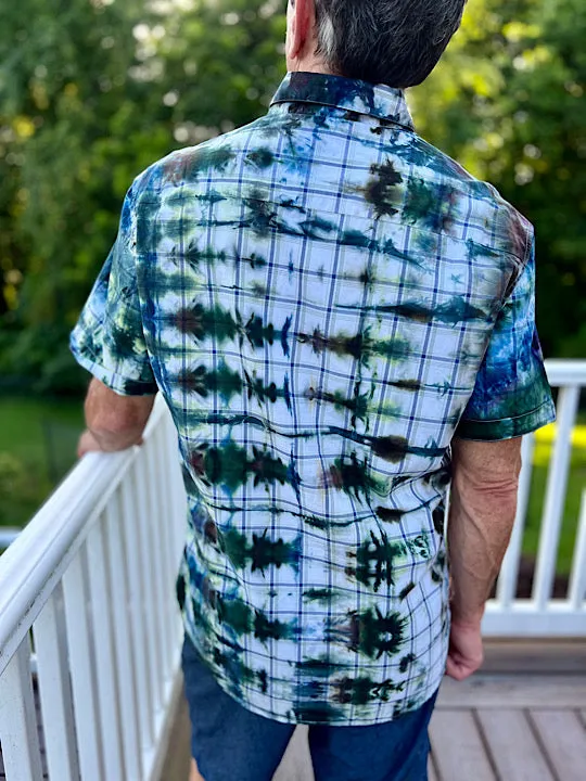 Tie Dye Short Sleeve Men's Shirt  Green Grids - L
