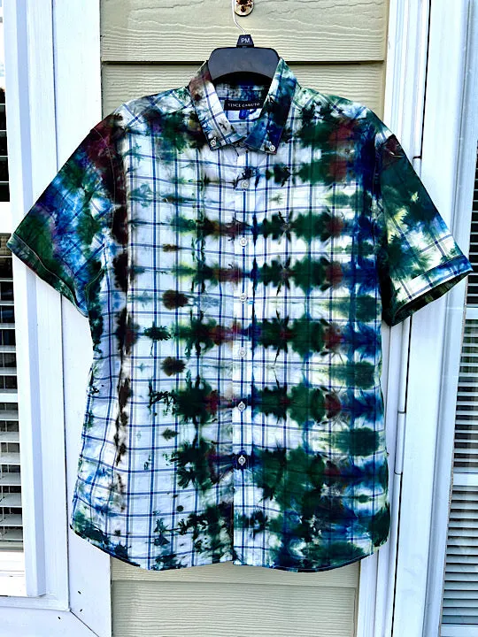 Tie Dye Short Sleeve Men's Shirt  Green Grids - L