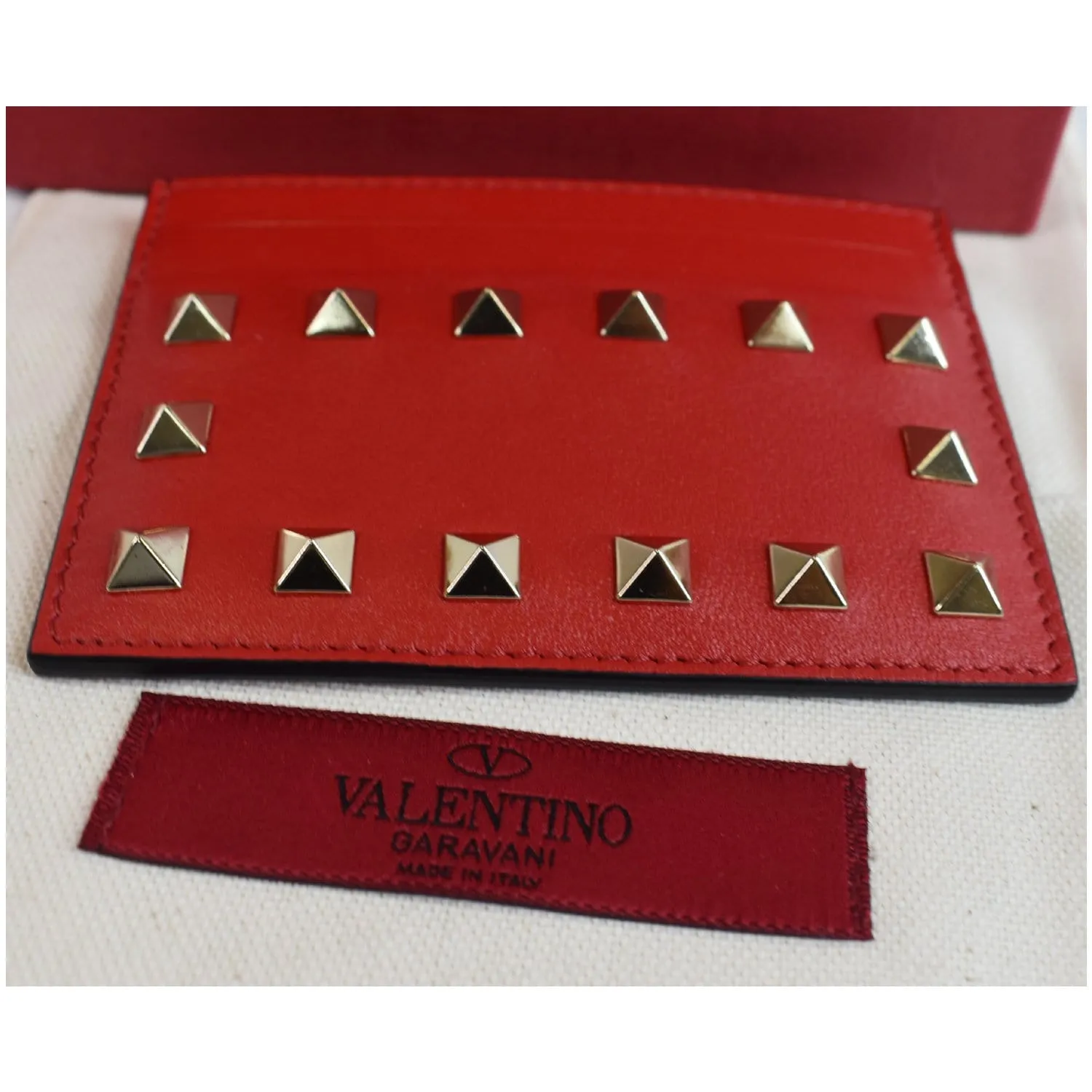 VALENTINO Garavani Rockstud Leather Card Holder Red